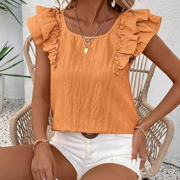 Womens Bow Tie Back Tops Round Neck Ruffle Short Sleeve Shirts Cute Babydoll Chi - Picture 5 of 6